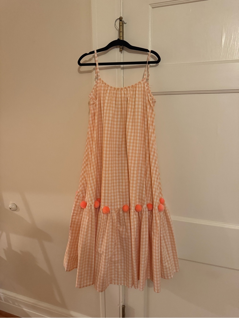 Sundress Peach Gingham Sundress with Pom Trim